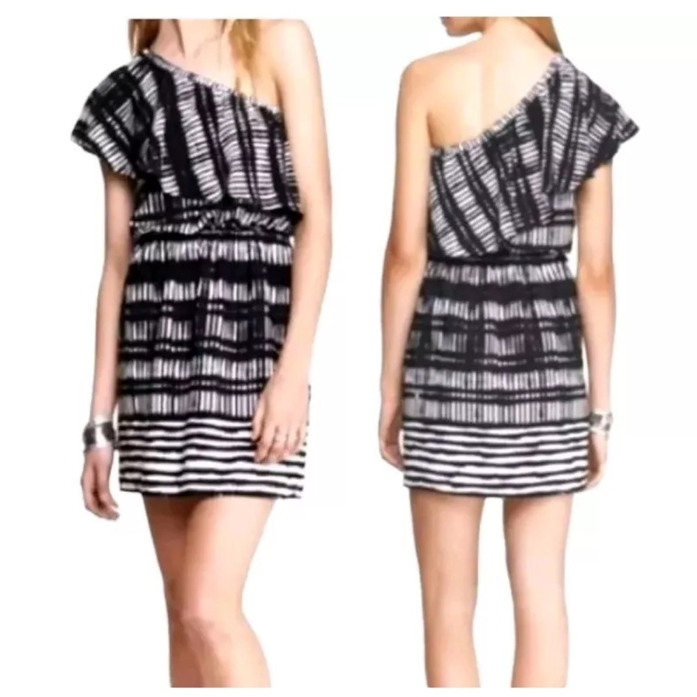 EXPRESS Ruffle One Shoulder Mini Dress Black & White Silky soft material NWOT